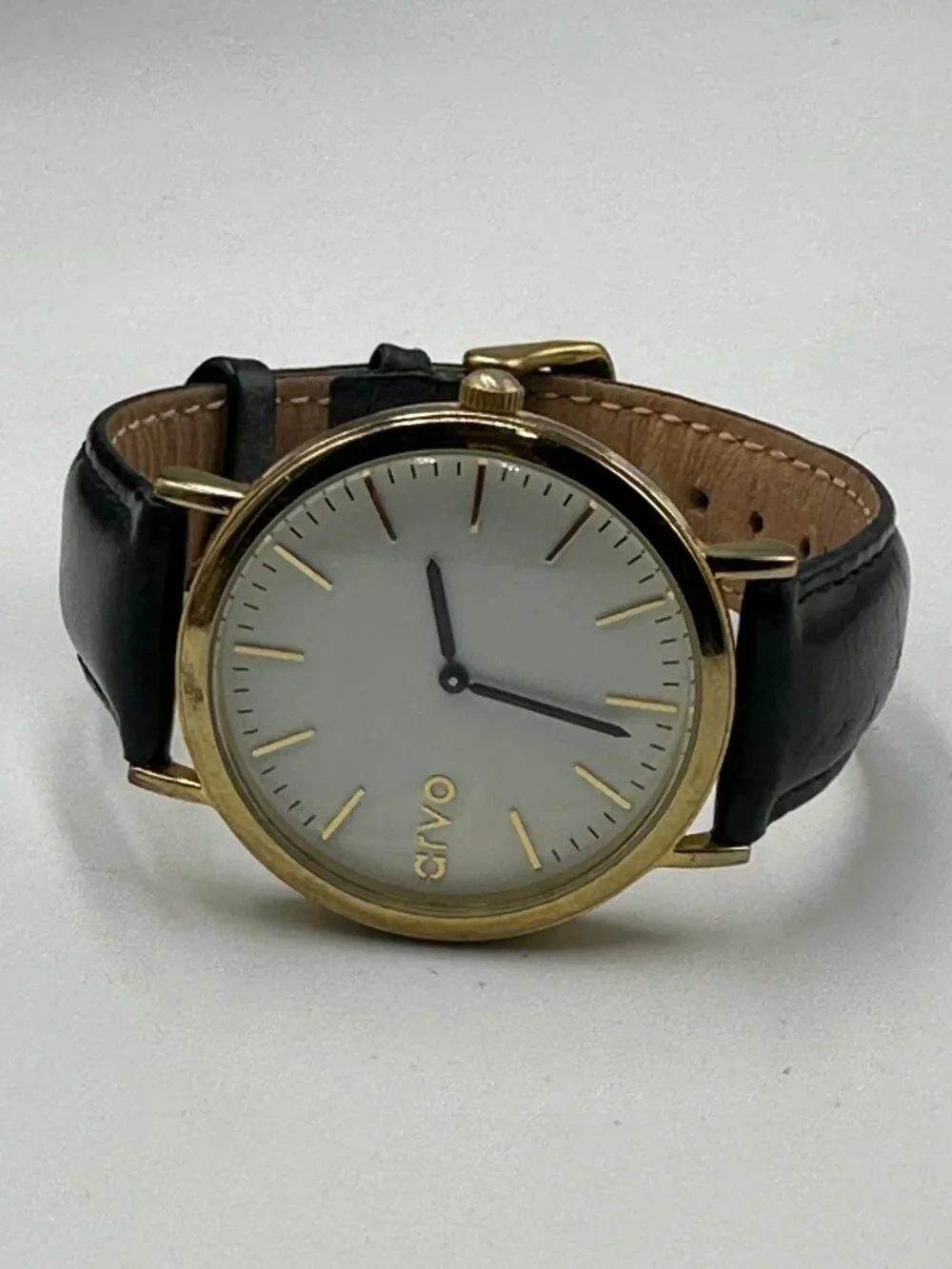 Arvo Time Sawyer Watch Men Gold Tone Black Leather Band New Battery 9 Inch